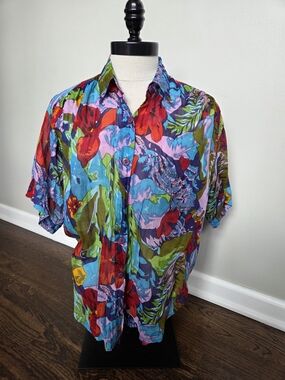 Vintage Gin Tonic Brand Vibrant Multi-Color Floral Short-Sleeve Button-Up Shirt